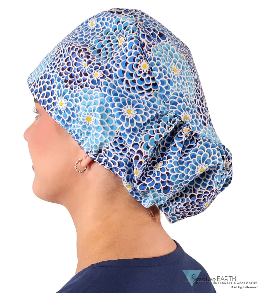 Euro Style Riley Comfort Scrub Cap - American Made - Blue Dahlia Dreams Riley Comfort Scrub Caps