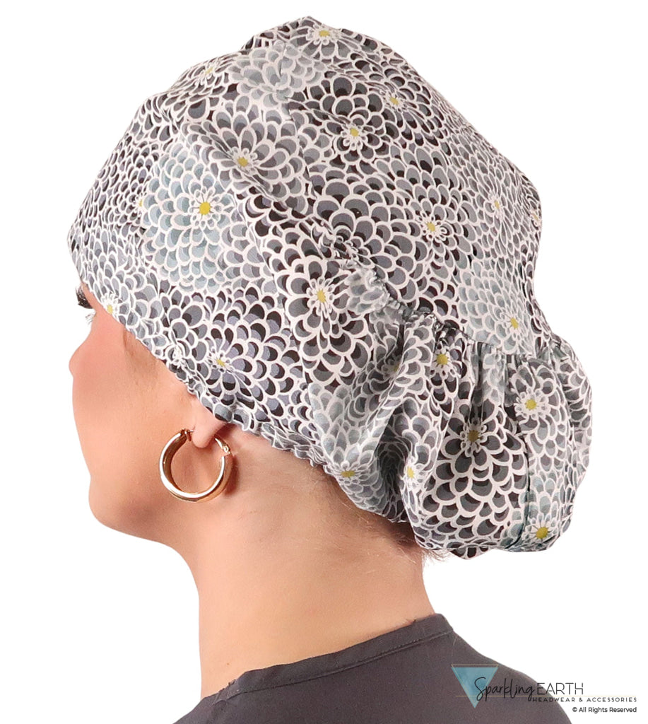 Euro Style Riley Comfort Scrub Cap - American Made - Dazzling Dahlias Black & Grey Riley Comfort Scrub Caps