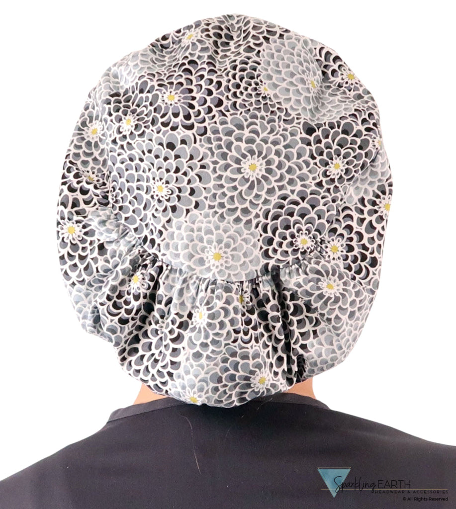 Euro Style Riley Comfort Scrub Cap - American Made - Dazzling Dahlias Black & Grey Riley Comfort Scrub Caps