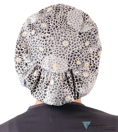 Euro Style Riley Comfort Scrub Cap - American Made - Dazzling Dahlias Black & Grey Riley Comfort Scrub Caps