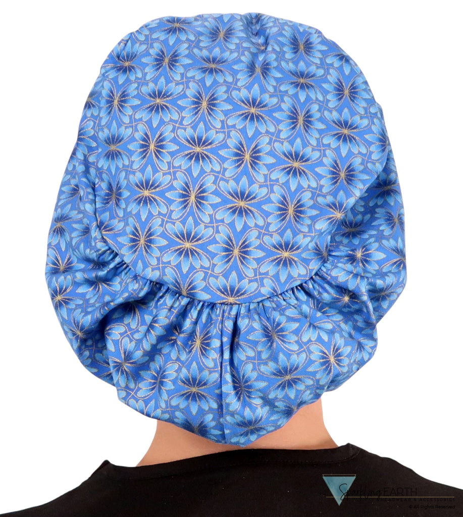 Euro Style Riley Comfort Scrub Cap - American Made - Golden Metallic Blue Blossoms Riley Comfort Scrub Caps