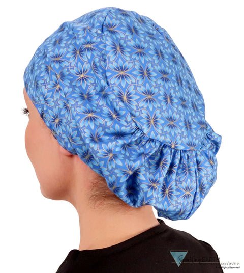 Euro Style Riley Comfort Scrub Cap - American Made - Golden Metallic Blue Blossoms Riley Comfort Scrub Caps