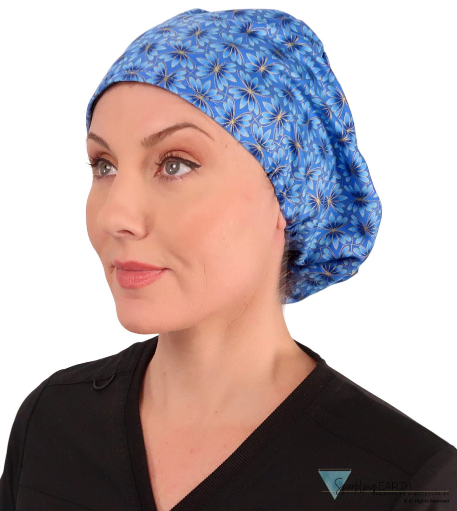 Riley Comfort Surgical Scrub Cap - Golden Metallic Blue Blossoms - Riley Comfort Scrub Caps - Sparkling EARTH