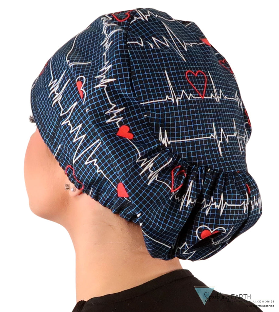 Side facing image of a woman in scrubs wearing a Heartbeats on Navy Euro Style Riley Comfort Scrub Cap.