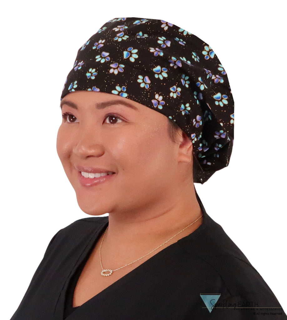 Riley Comfort Scrub Cap - Magical Metallic Paw Print on Black - Riley Comfort Scrub Caps - Sparkling EARTH