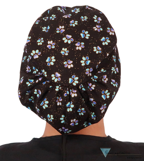 Riley Comfort Scrub Cap - Magical Metallic Paw Print on Black - Riley Comfort Scrub Caps - Sparkling EARTH
