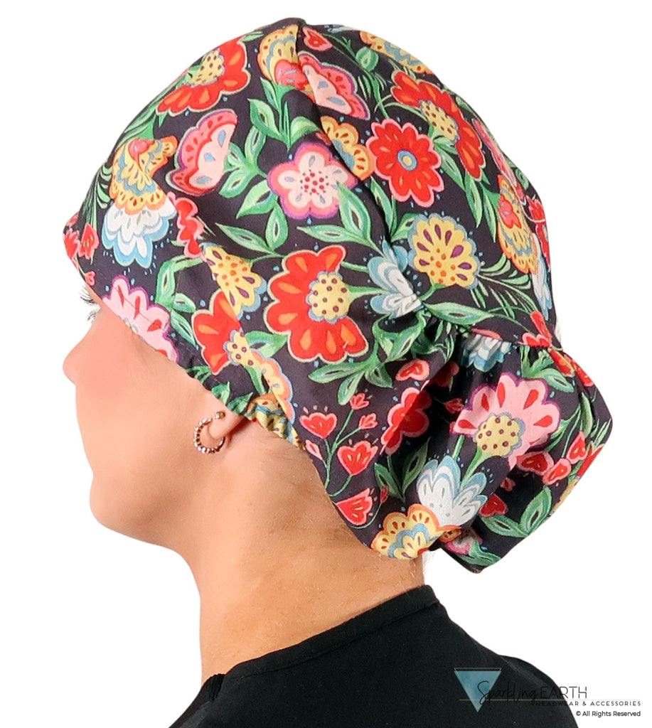 Euro Style Riley Comfort Scrub Cap - American Made - Petal Parade on Navy Riley Comfort Scrub Caps