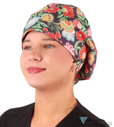 Euro Style Riley Comfort Scrub Cap - American Made - Petal Parade on Navy Riley Comfort Scrub Caps