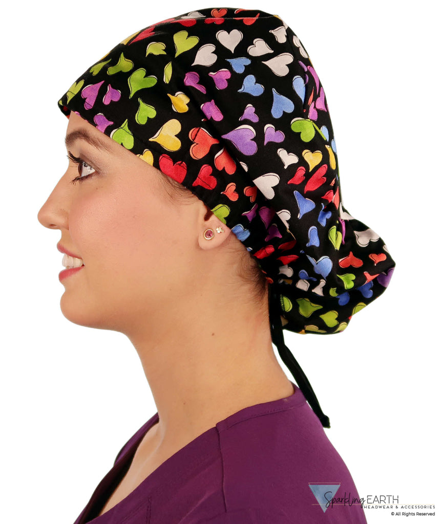 Euro Style Riley Comfort Scrub Cap - American Made - Playful Hearts on Black Riley Comfort Scrub Caps