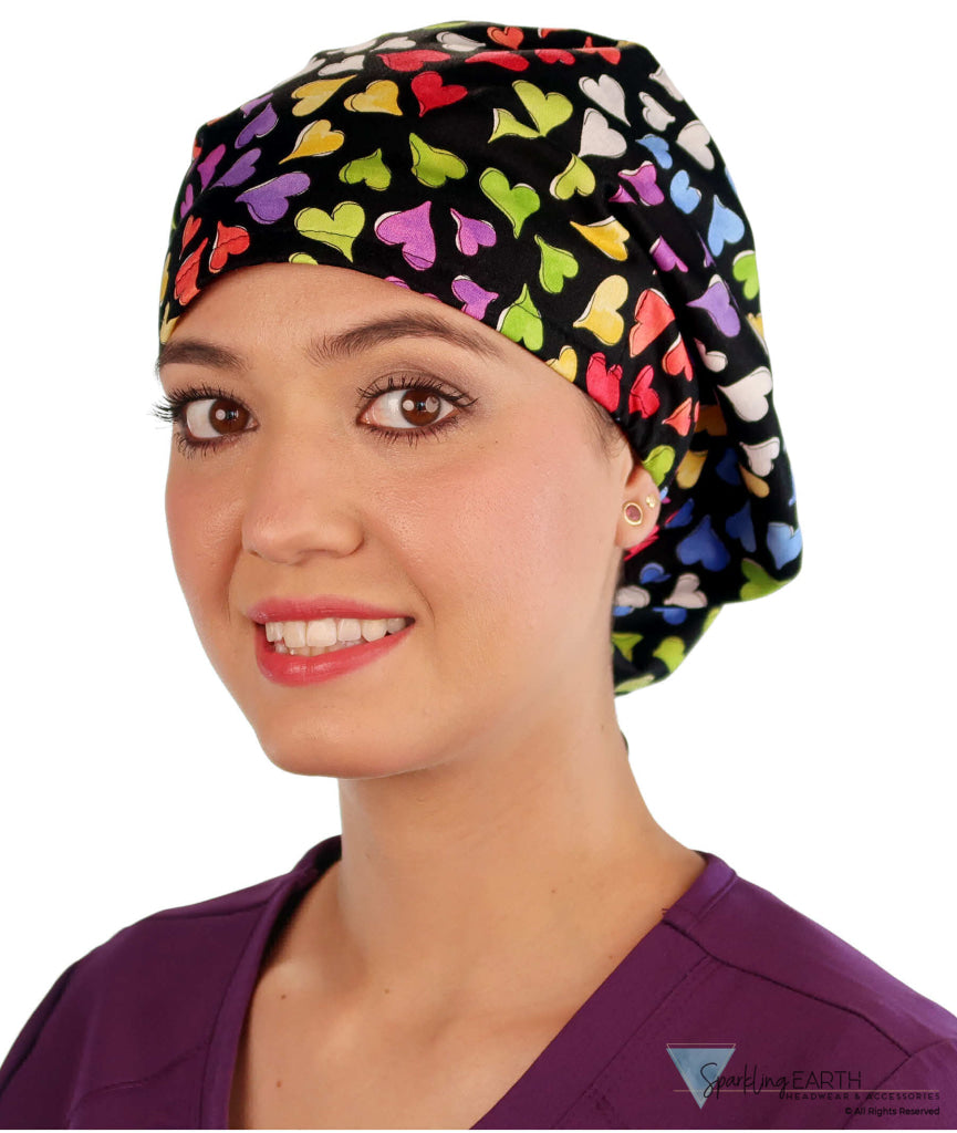 Euro Style Riley Comfort Scrub Cap - American Made - Playful Hearts on Black Riley Comfort Scrub Caps