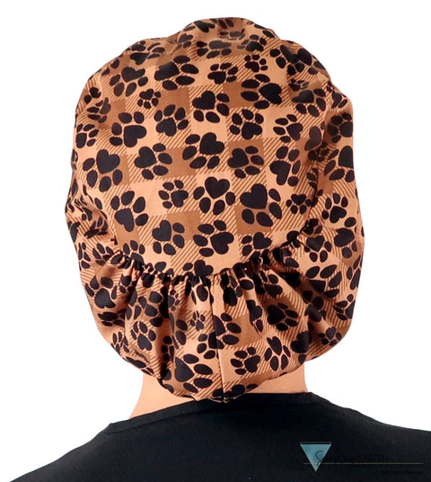 Euro Style Riley Comfort Scrub Cap - American Made - Plentiful Paws on Brown Plaid Riley Comfort Scrub Caps