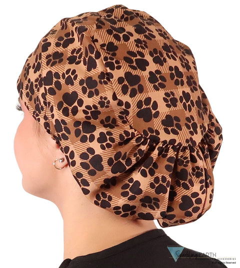 Euro Style Riley Comfort Scrub Cap - American Made - Plentiful Paws on Brown Plaid Riley Comfort Scrub Caps