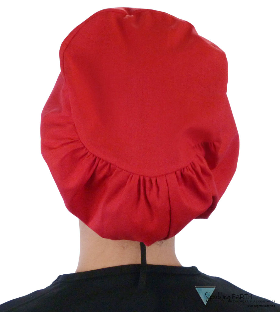 Back facing image of a woman in scrubs wearing a Red Euro Style Riley Comfort Scrub Cap.