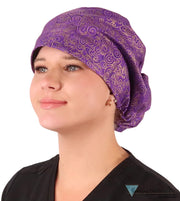 Euro Style Riley Comfort Scrub Cap - American Made - Spectacular Gold Swirls on Purple Riley Comfort Scrub Caps