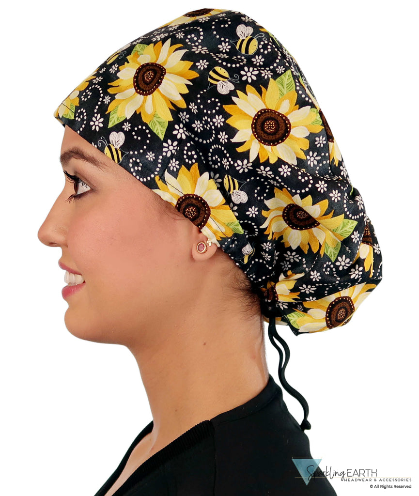 Euro Style Riley Comfort Scrub Cap - American Made - Sunflowers on Black Riley Comfort Scrub Caps