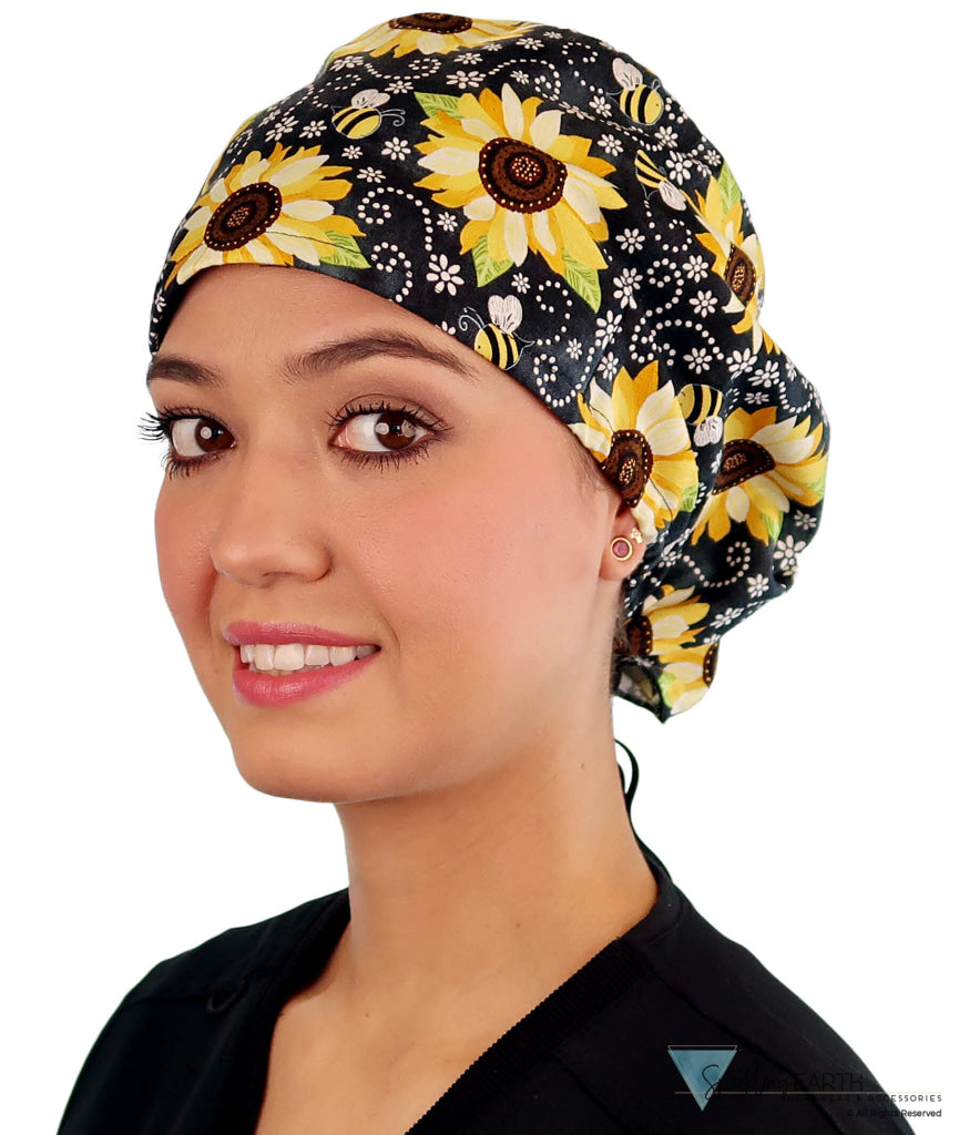 Euro Style Riley Comfort Scrub Cap - American Made - Sunflowers on Black Riley Comfort Scrub Caps