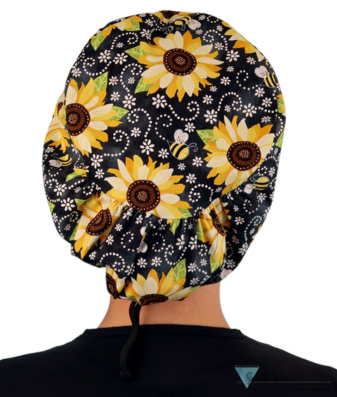 Euro Style Riley Comfort Scrub Cap - American Made - Sunflowers on Black Riley Comfort Scrub Caps