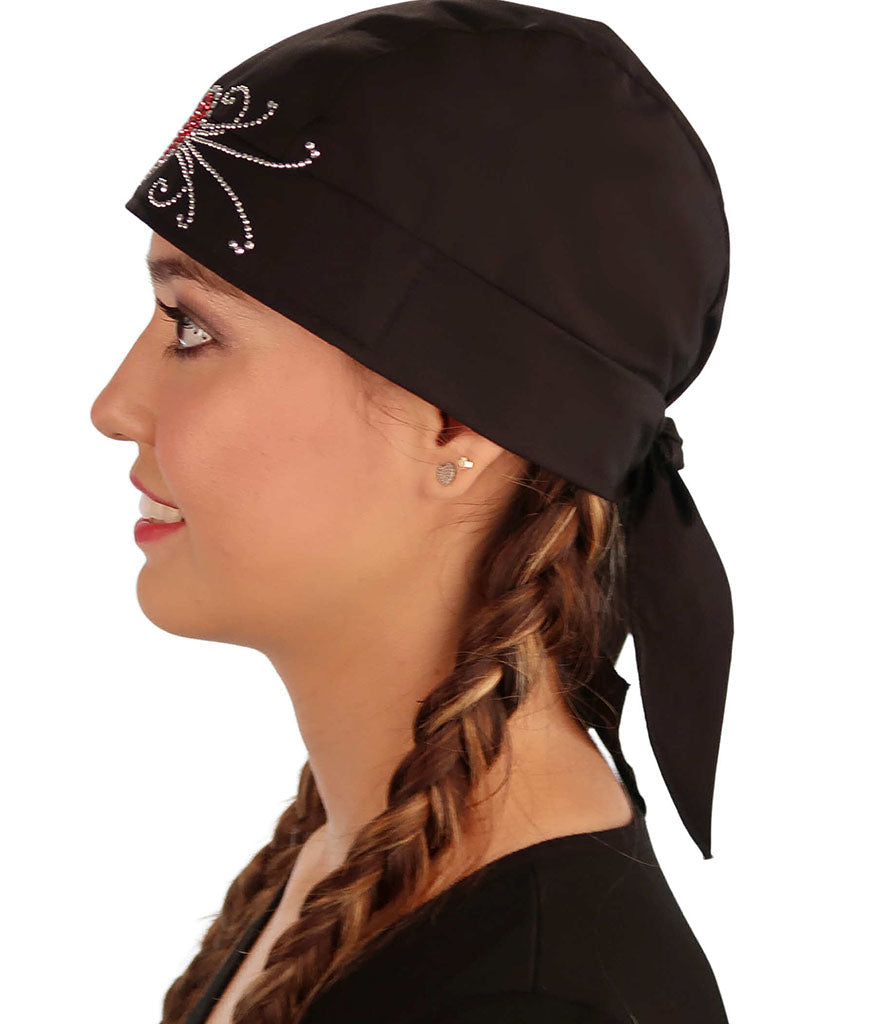 Embellished Skull Caps: Stylish and Unique Headwear - Black Skull Cap with Red Heart & Swirls Rhinestud Stone Design - Classic Skull Caps - Sparkling EARTH