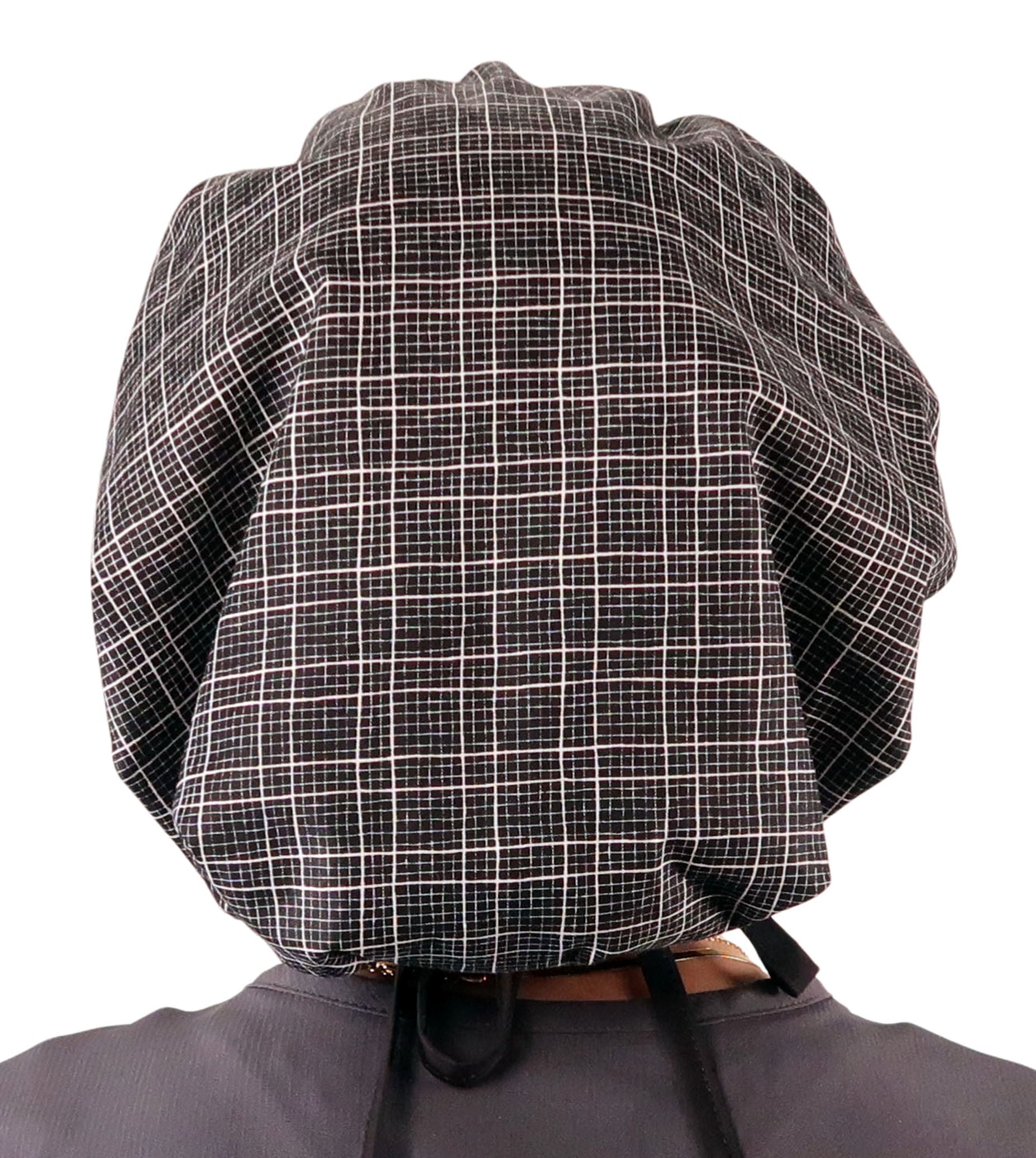 Stylish American Made Banded Bouffant Ponytail Scrub Cap - Check Mate with Black Ties Banded Bouffant Surgical Scrub