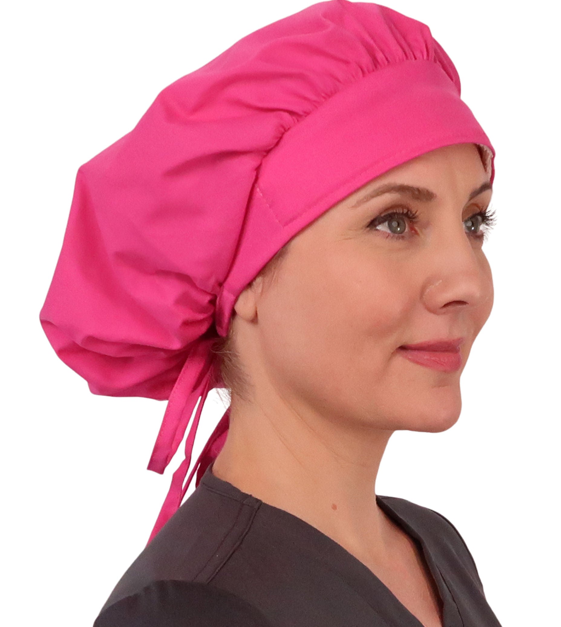 Front Facing Untied View of a Woman Wearing a Tied Back Banded Bouffant Ponytail Surgical Scrub Cap - Solid Hot Pink Fabric
