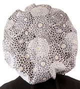 Banded Bouffant Ponytail Scrub Cap - Dazzling Dahlias Black & Grey with Black Ties
