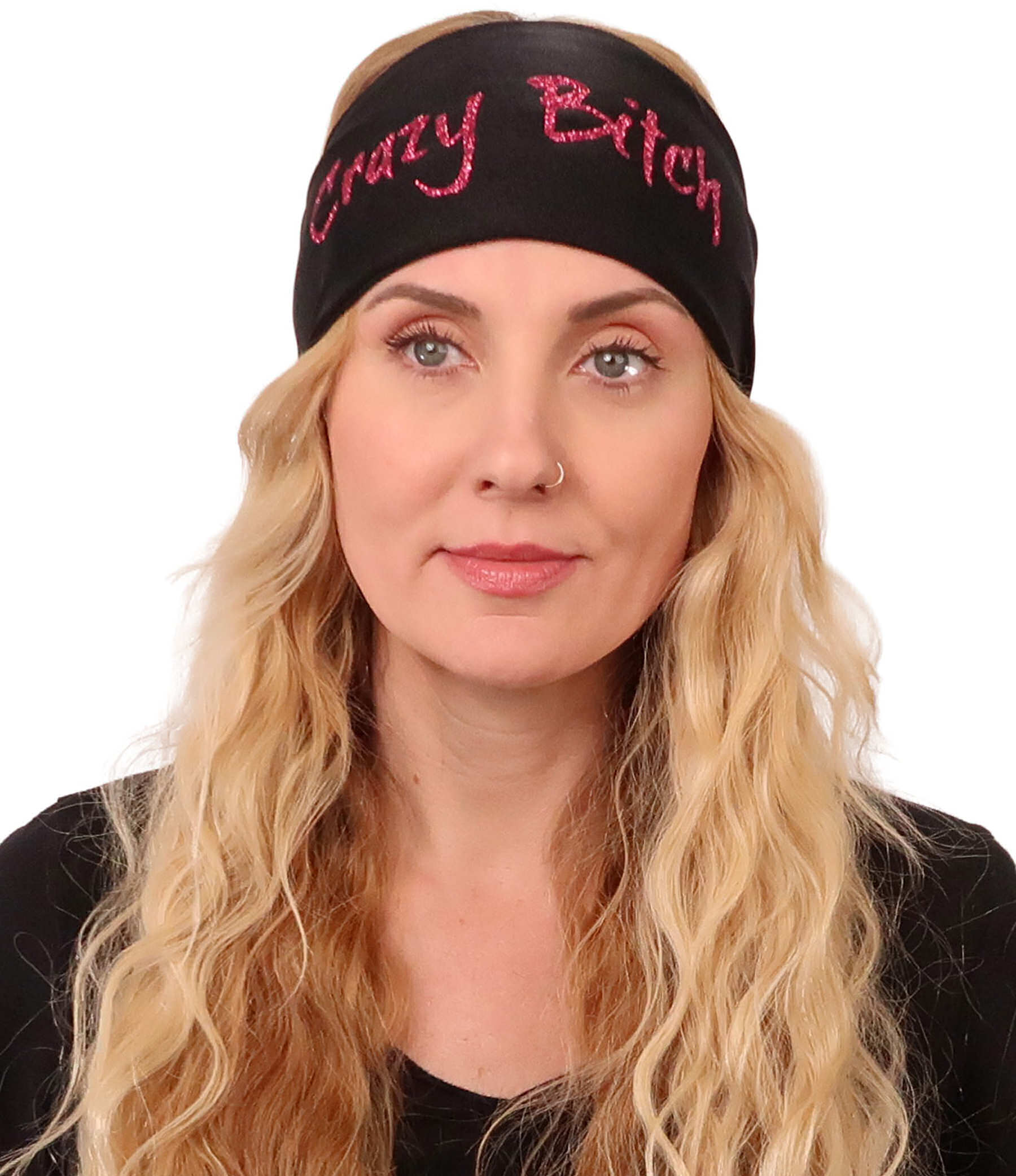 Embellished Stretch Headband - Pink Crazy Bitch Glitter Design on Black - Stretch Headbands - Sparkling EARTH