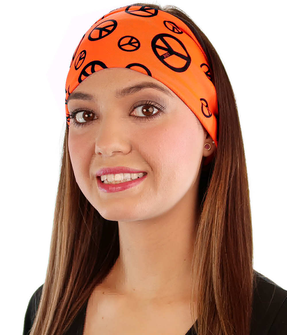 Reversible Stretch Headband – Stylish, Comfortable & USA-Made -  Black Peace Signs on Neon Orange - Stretch Headbands - Sparkling EARTH
