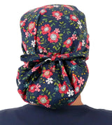 Big Hair Ponytail Surgical Scrub Cap - Perfect Scrub Cap for Long Hair - Precious Primrose on Navy