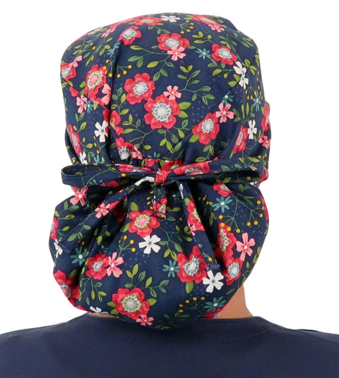 Big Hair Ponytail Surgical Scrub Cap - Perfect Scrub Cap for Long Hair - Precious Primrose on Navy