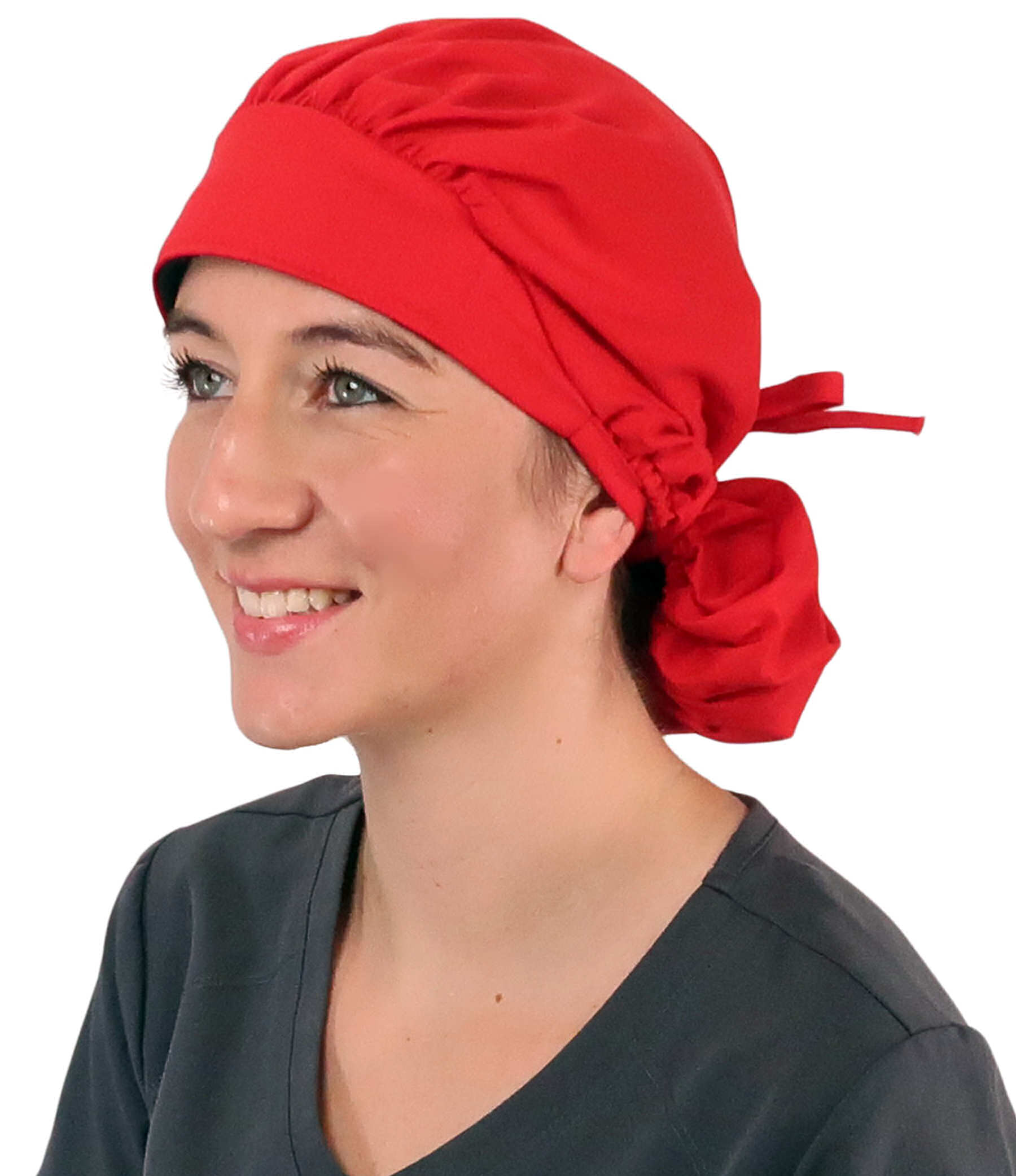 Front Facing Tied View of a Woman Wearing a Tied Back Banded Bouffant Ponytail Surgical Scrub Cap - Solid Red Fabric