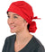Front Facing Tied View of a Woman Wearing a Tied Back Banded Bouffant Ponytail Surgical Scrub Cap - Solid Red Fabric