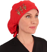 Big Hair Surgical Scrub Cap - Three Monkeys Patch on Red