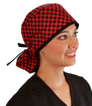 Big Hair Surgical Scrub Cap - Buffalo Check with Black Ties