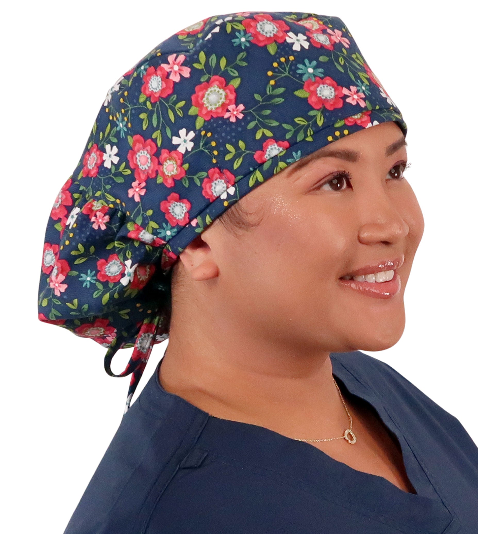 Big Hair Ponytail Surgical Scrub Cap - Perfect Scrub Cap for Long Hair - Precious Primrose on Navy - Big Hair Surgical Scrub Caps - Sparkling EARTH