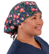 Big Hair Ponytail Surgical Scrub Cap - Perfect Scrub Cap for Long Hair - Precious Primrose on Navy