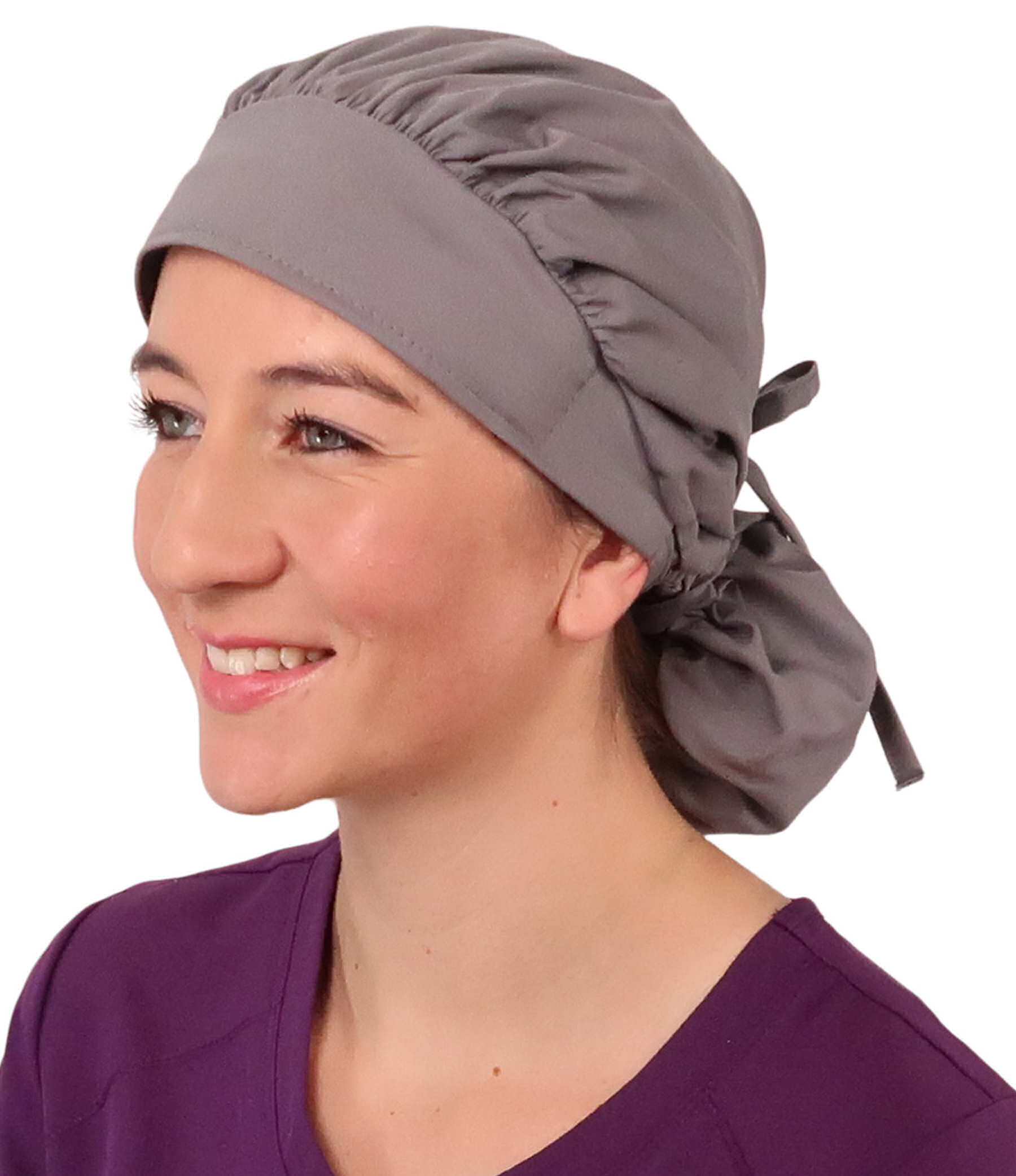 Front Facing Tied View of a Woman Wearing a Tied Back Banded Bouffant Ponytail Surgical Scrub Cap - Solid Grey Fabric