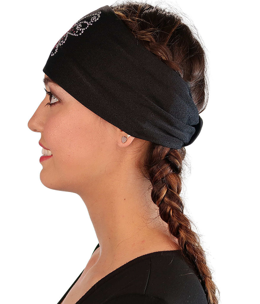 Embellished Reversible Stretch Headband – Stylish Comfortable & USA-Made - Black Headband with Pink Ribbon Butterfly
