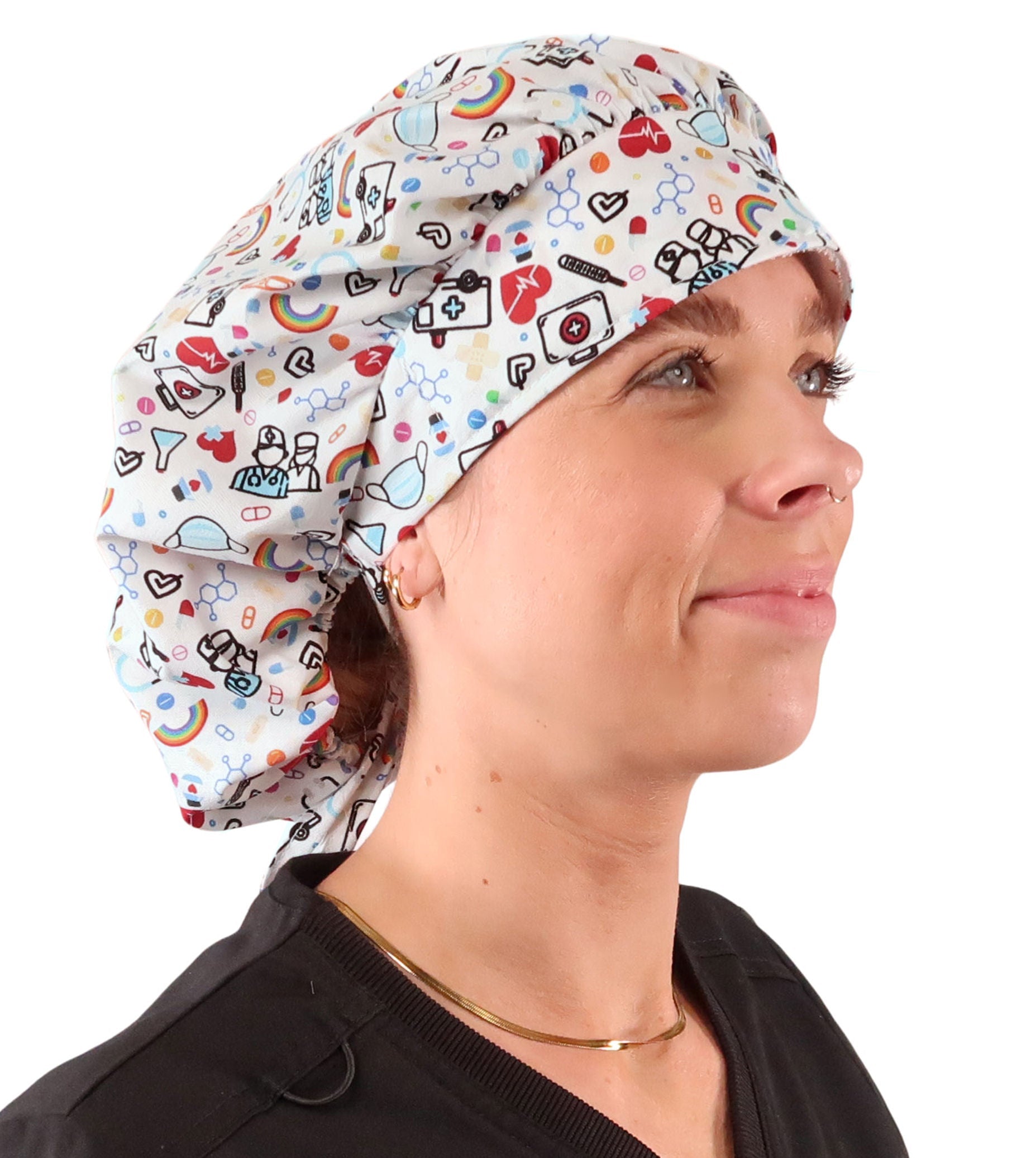 Stylish American Made Banded Bouffant Ponytail Scrub Cap - Hope & Healing on White Banded Bouffant Surgical Scrub Caps