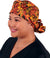 Front Facing Tied View of a Woman Wearing a Banded Bouffant Ponytail Surgical Scrub Cap - Metallic Autumn Leaves Patterned Fabric 