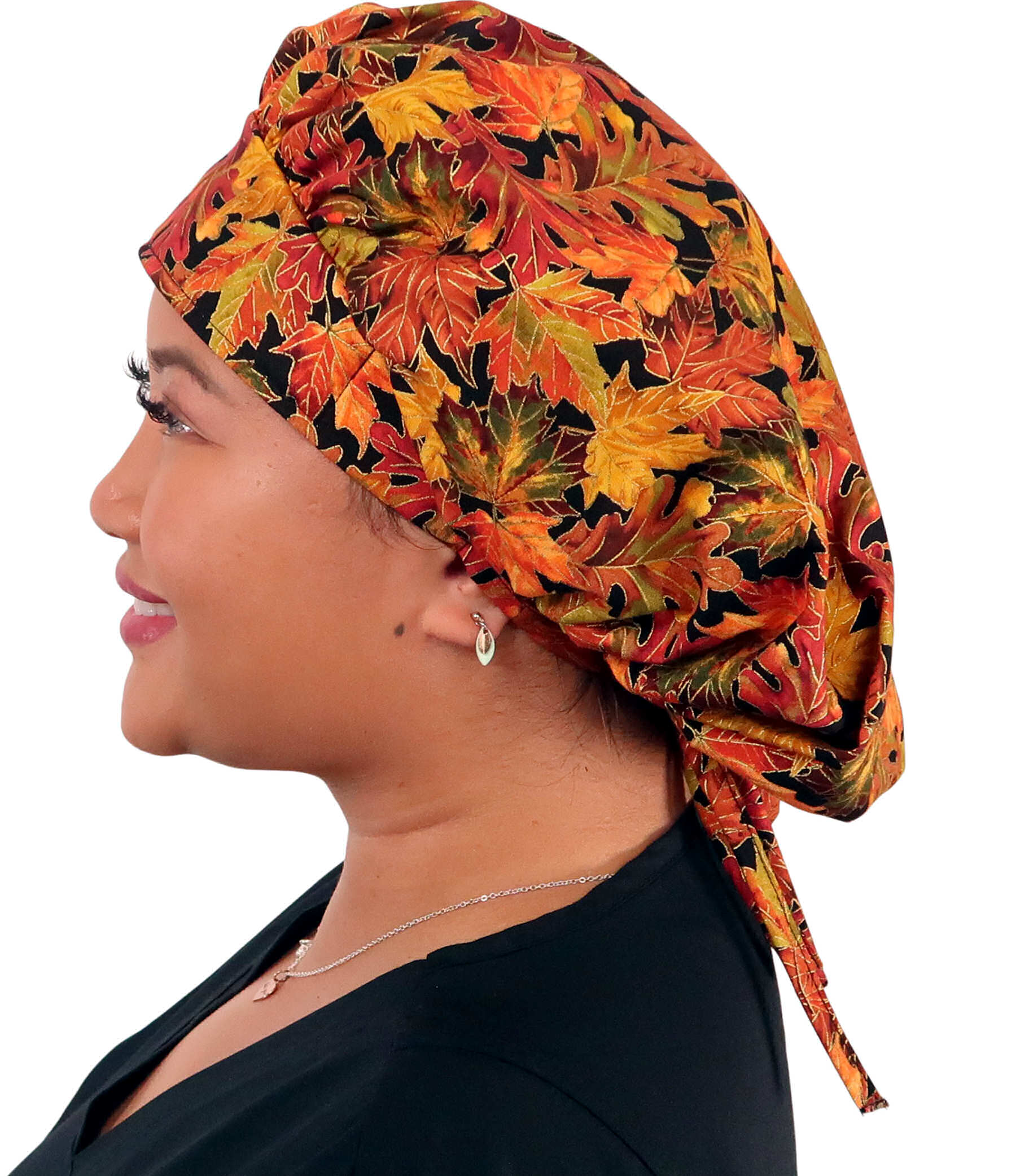 Stylish American Made Banded Bouffant Ponytail Scrub Cap - Metallic Autumn Leaves SALE-Fall-2025
