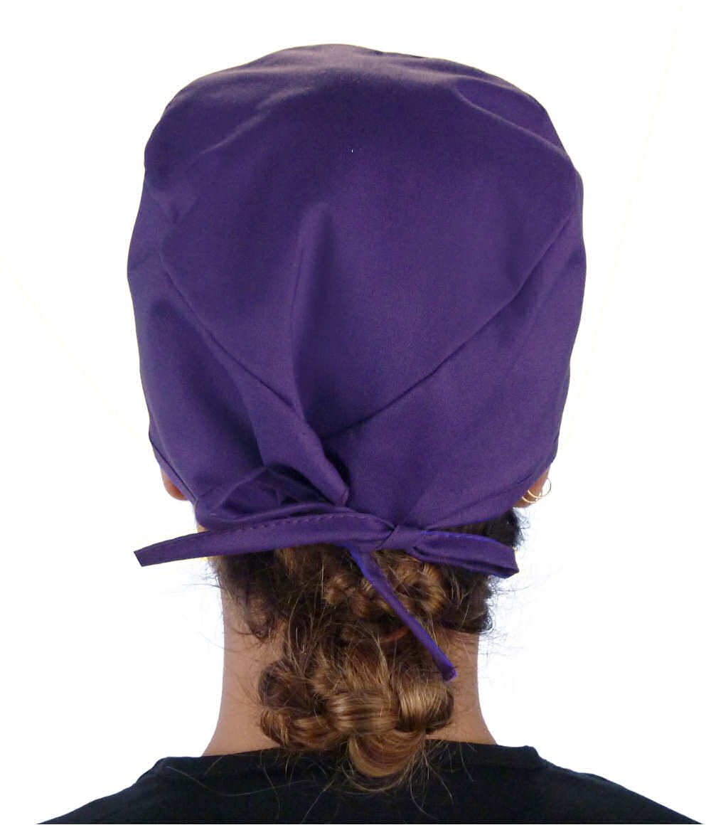 Back Facing View of a Woman Wearing a Classic Cotton Surgical Scrub Cap - Purple Scrub Cap