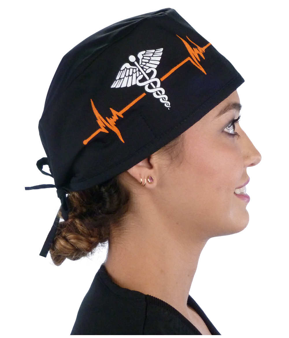 Side facing image of a woman in scrubs wearing a Classic Surgical Scrub Cap in a EKG Signal and Medical Sign pattern.