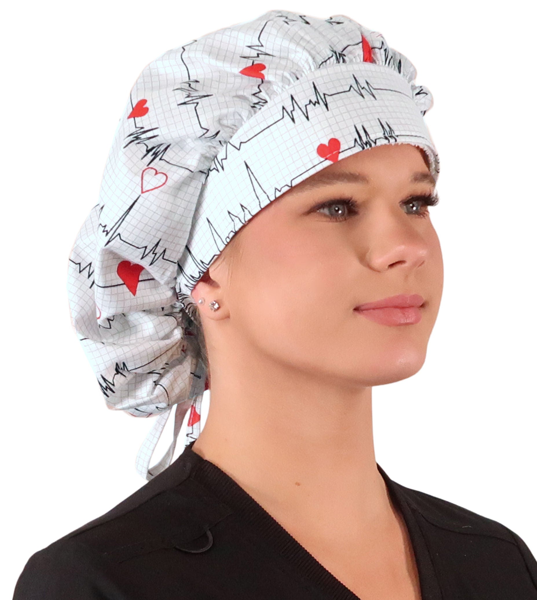 Front Facing Untied View of a Woman Wearing a Tied Back Banded Bouffant Ponytail Surgical Scrub Cap - Heartbeats on White Patterned Fabric