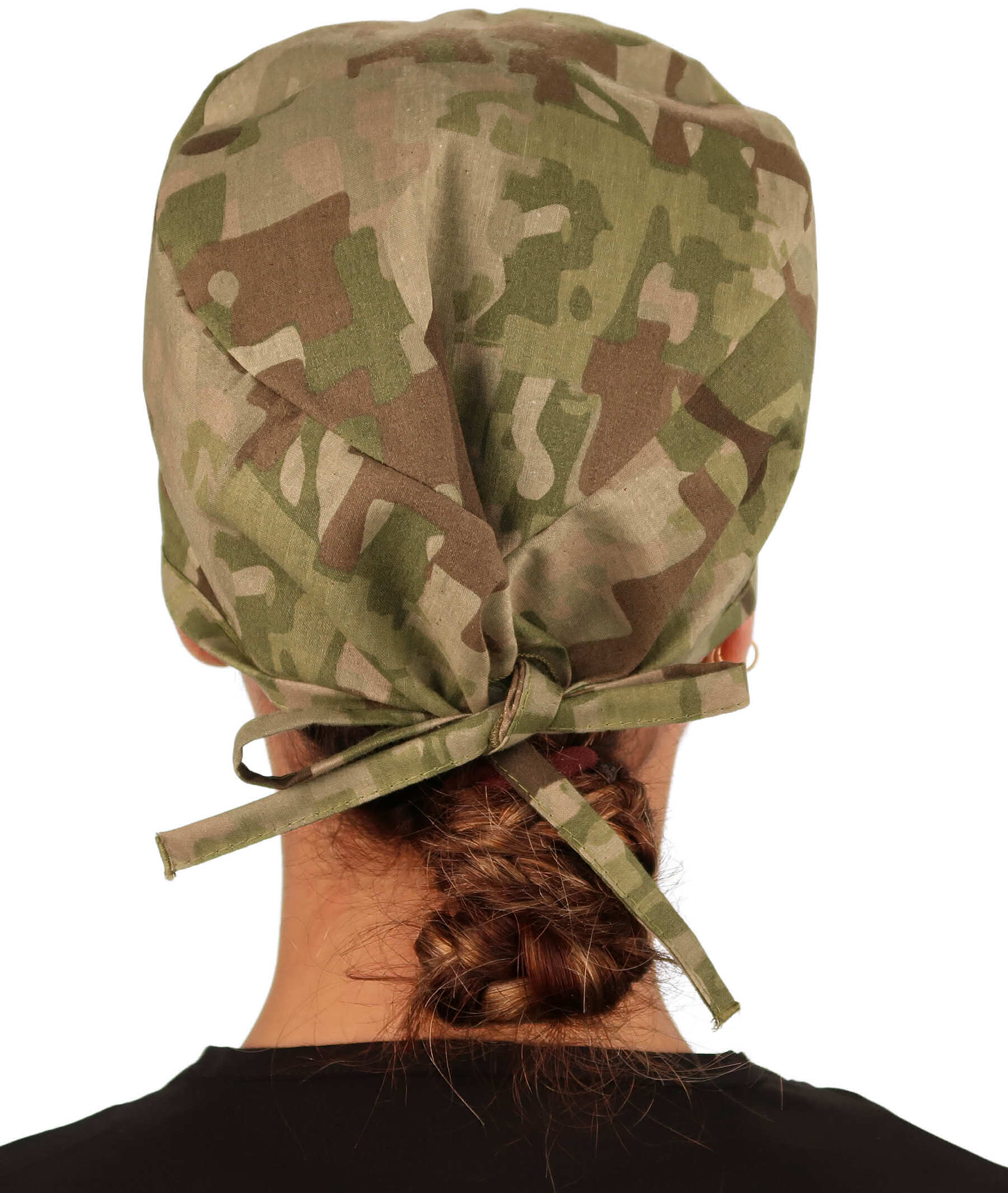 Back facing image of a woman in scrubs wearing a Classic Surgical Scrub Cap in Multi Camo pattern.