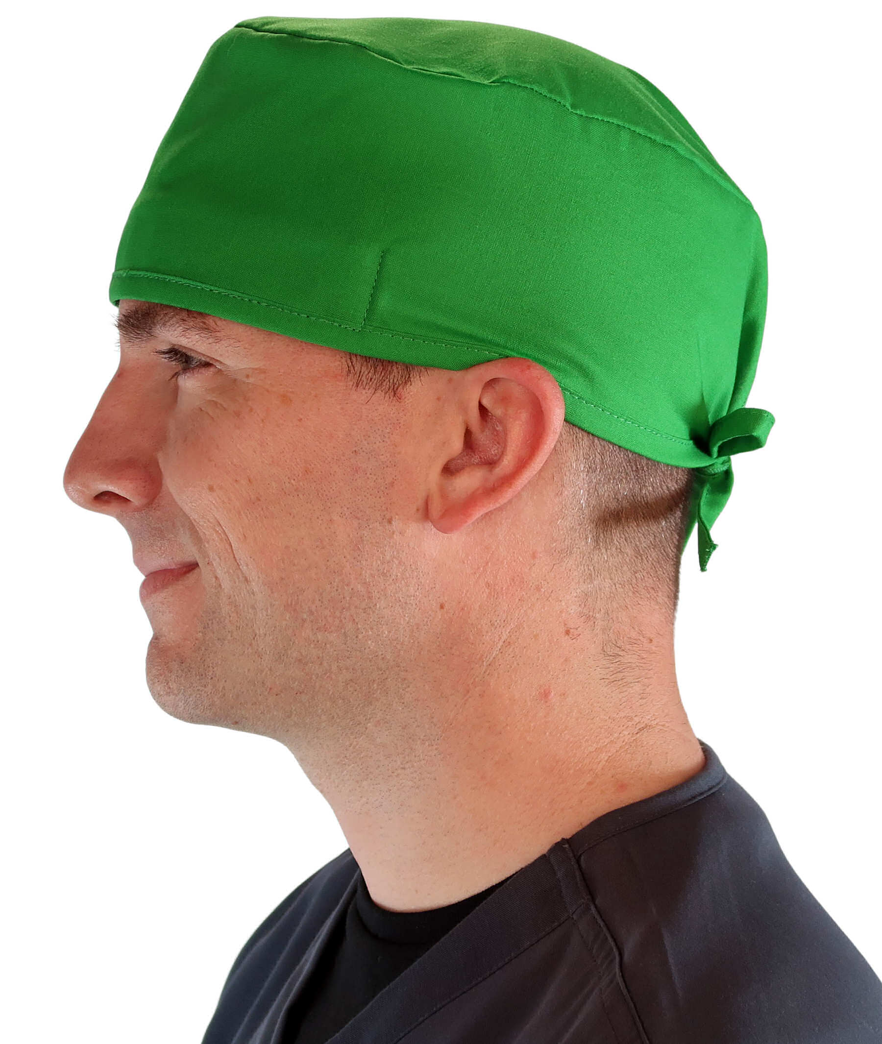Side Facing View of a Man Wearing a Classic Cotton Surgical Scrub Cap - Kelly Green Scrub Cap