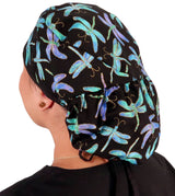 Big Hair Surgical Scrub Cap - Midnight Dragonflies with Black Ties