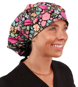 Banded Bouffant Surgical Scrub Cap - Flowers In Bloom with Black Ties