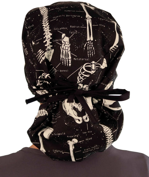 Big Hair Surgical Scrub Cap - Human Body Skeleton with Black Ties (Glow In The Dark) - Big Hair Surgical Scrub Caps - Sparkling EARTH