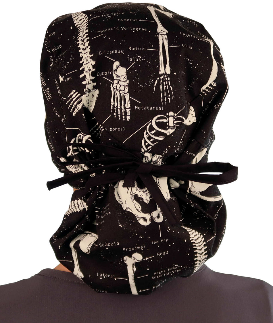 Big Hair Surgical Scrub Cap - Human Body Skeleton with Black Ties (Glow In The Dark)