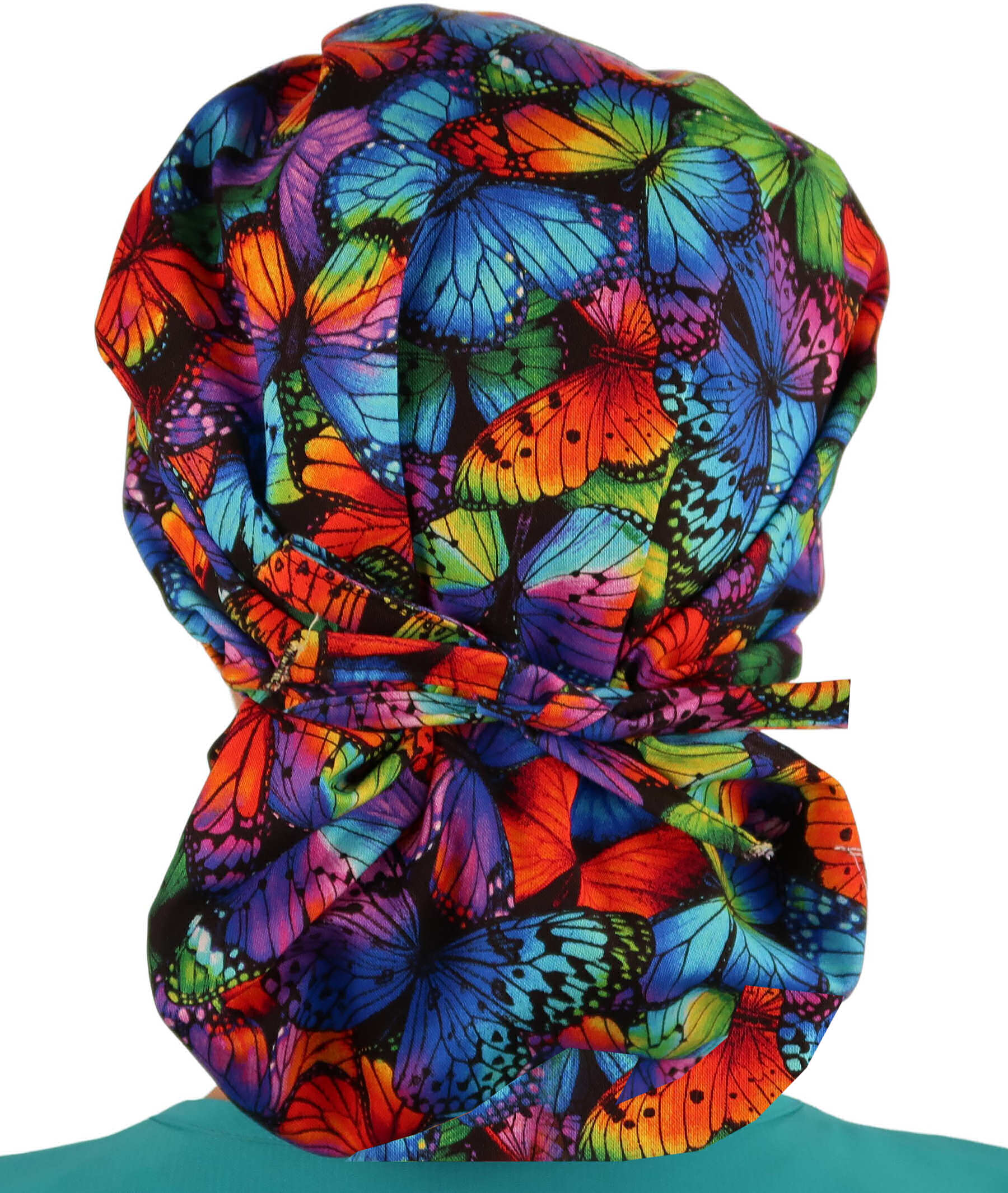 Back Facing Tied View of a Woman Wearing a Banded Bouffant Ponytail Surgical Scrub Cap - Butterfly Me Away Pattern Fabric   